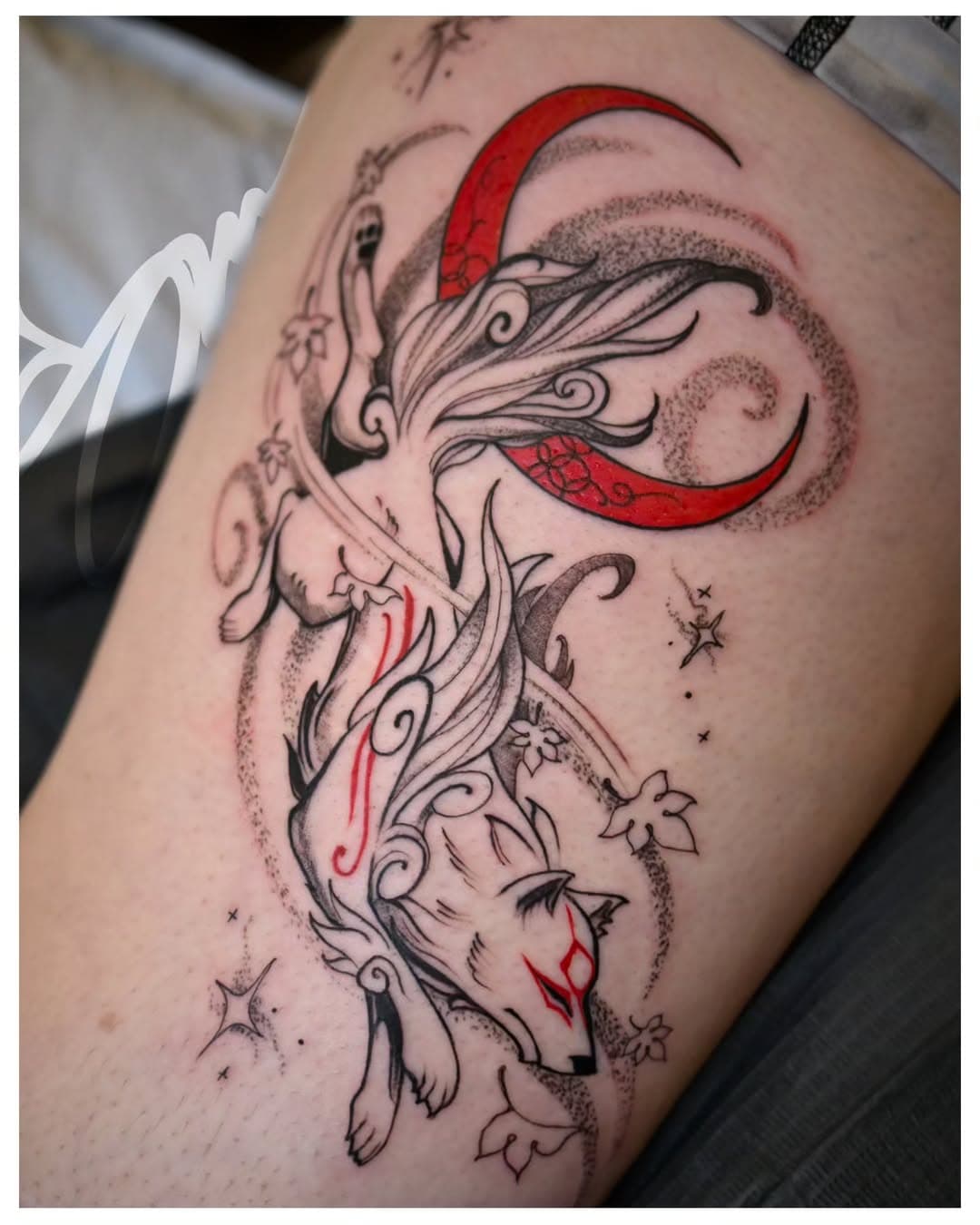 Such a blast creating this illustrative tattoo based off the O̅kami video game!
