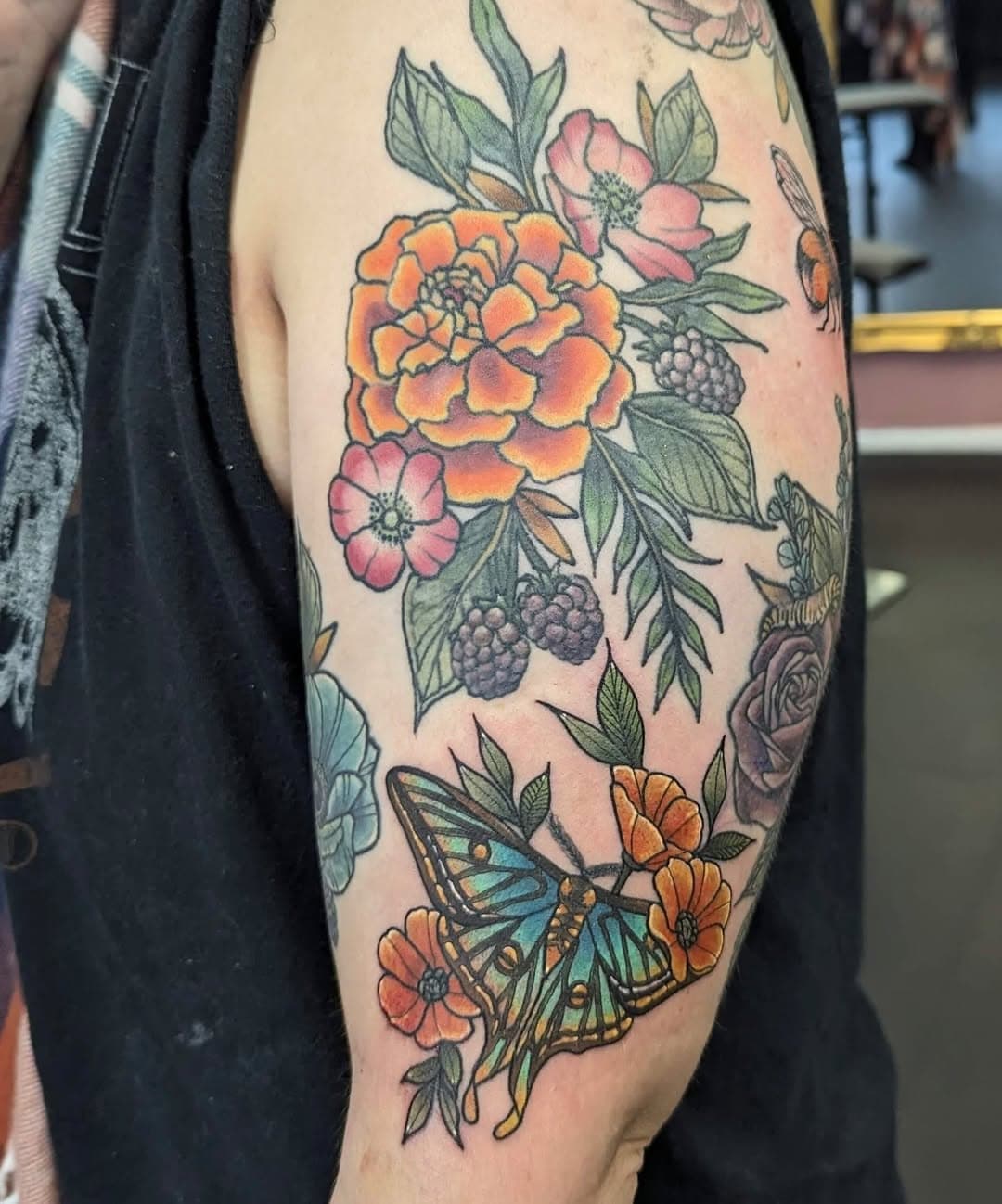 Work in progress nature sleeve #naturetattoo #floraltattoo #mothtattoo #fruittattoo #sleevetattoo #wiptattoo #doncastertattoo #femaletattooist