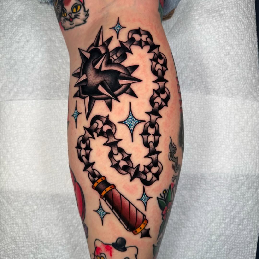 A couple recent Heart Morning Stars for some tough clients 💪🏽💪🏽. Thanx for the trust, these are fun to do!  Both completed @mountainviewtattooparlor #morningstar #morningstartattoo #mace #medieval #medievalweapons #weapontattoo #traditional #traditionalart #traditionaltattoos #bold #boldwillhold #boldtattoos #colortattoo #neotraditional #toughtattoos #lomalinda #ietattooartist #pma #hooliganzartnink