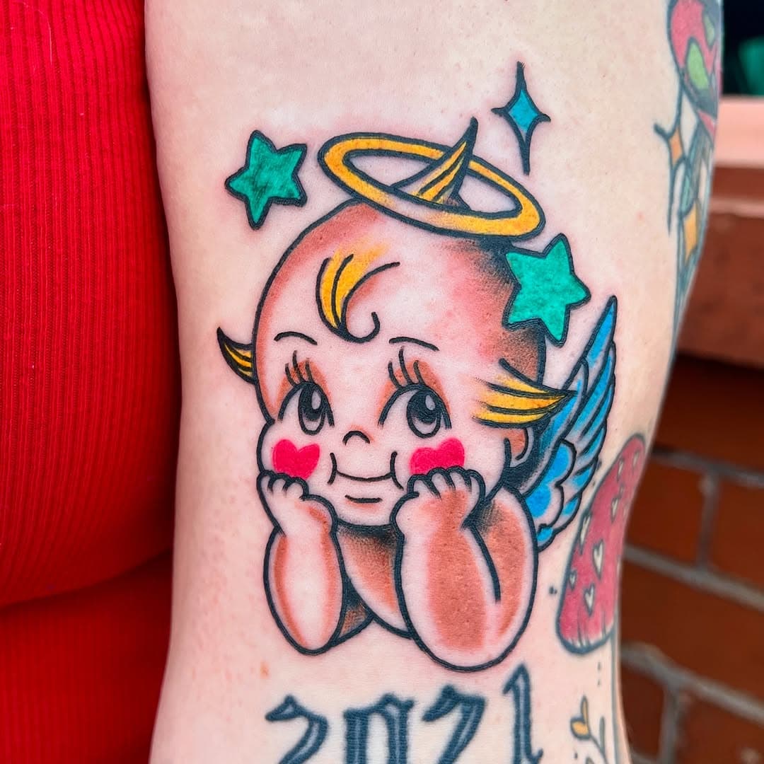 Lil angel 😇 
Thanks so much @nailsby.rachx 💅 
Drop us both a like and follow and go get your nails done by one of the best artists and eggs ✨🤘🏼

#kewpie #kewpietattoo #cutetattoo #cutetattoos #tattooartist #nailtech #nails #girlswithtattoos #today #blackpool #damianhopeellams #traditionaltattoo #boldwillhold #dermaglo