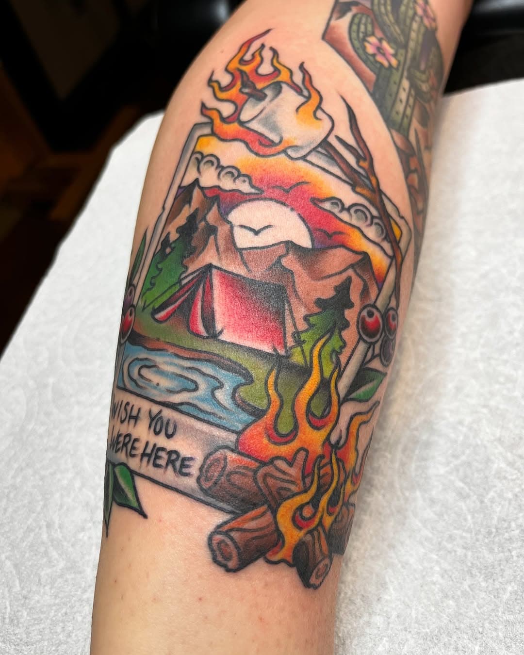 Fresh one for @ashleyfondi ⛺️⛰️🌲
•
•
Book with us at ricestreettattoo.com
#ricestreettattoo #carsoncitytattoo #camping #campingtattoo #mountains #campfire #traditionaltattoo