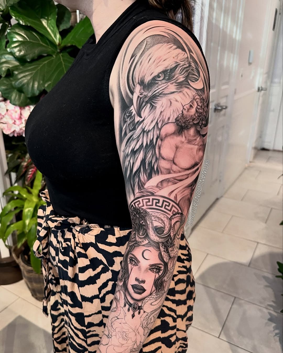 Greek mythology sleeve in progress. Love doing these mix of portraits and animals. Can’t wait to finish the Medusa on the lower half ✨_________________________________________________ 
Follow us @gwansoontattoos ✍🏼
_________________________________________________

☎️ 1-416-909-9055
📩 info@gwansoonleetattoo.com
🖥 www.gwansoonleetattoo.com
_________________________________________________ 
. 
.
.
.
.
#gwansoontattoos#blackandgrey#tattooartwork#tattoooftheday#tattoolife#tattoomodel#tattoostyle#skinart#tattooideas#tattooart#tattooinspiration#torontoart#torontoartist#mississauga#toronto#brampton#oakville#torontotattoo#mississaugatattoo#tatuaje#tattooidea#femaleartist#타투#sleeve#sleevetattoos#greekmythology#eagletattoo#medusa#medusatattoo#snaketattoo