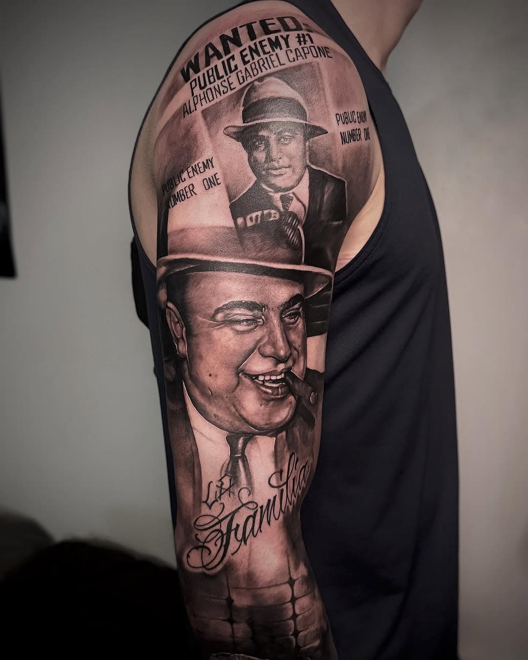 Finished this mafia sleeve today 🖤 #tattoo #tattooed #mafia #mafiatattoo #alcapone #donvito #donvitocorleone #inked #blackandgreytattoo #realistic #realistictattoo #silentskilltattoo #schweich