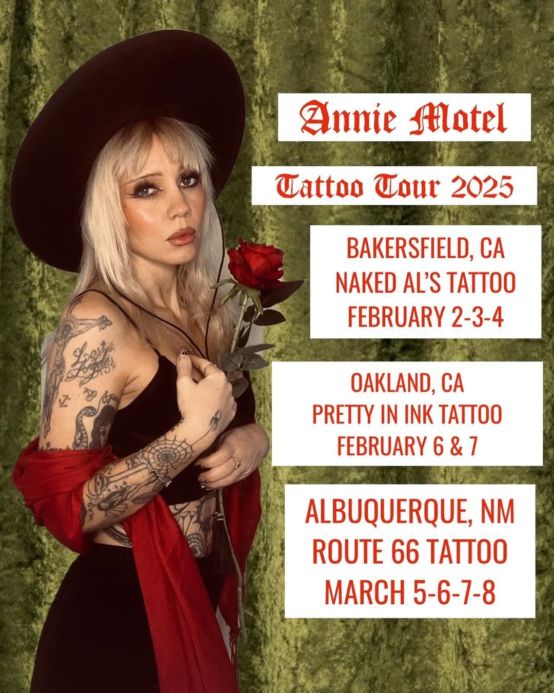 EXCITING NEWS! ✨🌹 I will be tattooing at @nakedals_tattoo in Bakersfield, CA, @prettyininkelectric in Oakland, CA and @rt66finelinetattoo in Albuquerque, NM soon! DM me to book! If you’d like me to come to your city, DM me about that too! Lots of flash to choose from, lots of fun to be had! Can’t wait to see you all and big thanks to all the shops for offering to host me 🍒🍰♥️✨