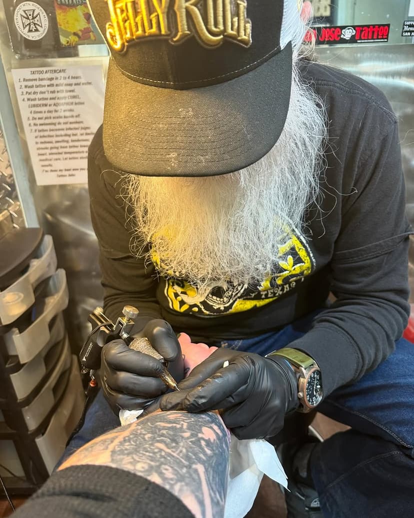 Look who’s back! The Tattoo John is back in the shop tattooing after his triple bypass surgery. #sanjosetattoo #thetattoojohn #tattootime