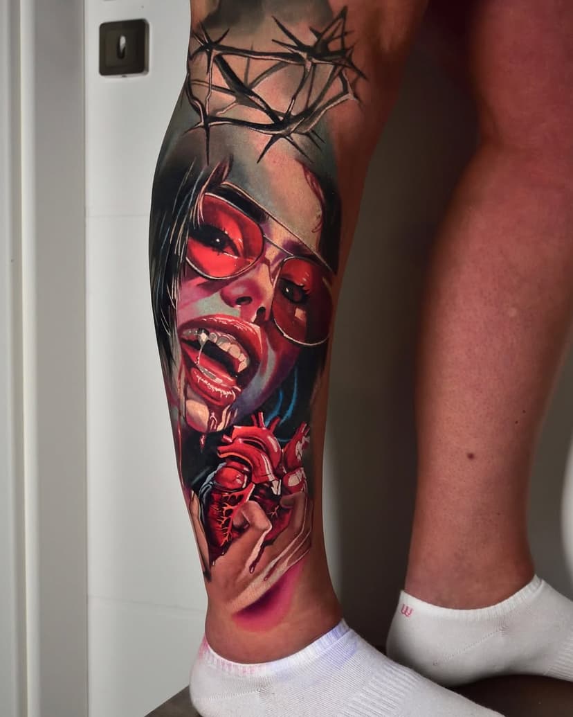 Face is healed. Part of leg sleeve. @azazelwarszawa @eztattooing @worldfamousink #vampiretattoo #darktattoo #heartattoo #mayasapiga #horrortattoo