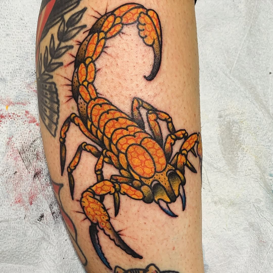 A tattoo I made .  @pyramidartstattoo 
#scorpion #scorpiontattoo #stinger #traditional #traditionalart #traditionaltattoo #rochesterny #rochestertattooartist