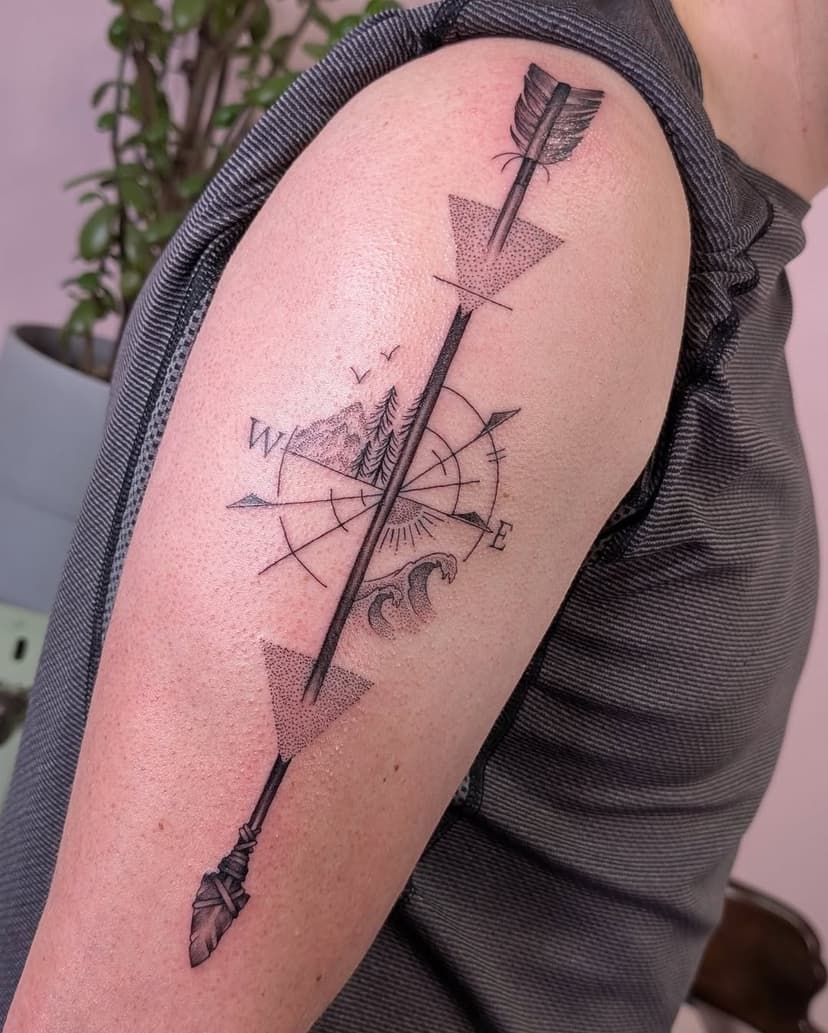 Finer-lined custom piece from a design by Joe's talented wife @raspberryrosedesigns - check out her business page! Thanks again - by Matt 
.
.
.
.
#tattoo #tattoostudio #bespokebodyart #customtattoo #grimsby #cleethorpes #lincolnshire #tattooist #tattooer #tattooartist #tattoodesigns #uktattoos #tattooinspiration #grimsbytattoos #arrow #arrowtattoo #finelinetattoo #compasstattoo #traveltattoo #travel #naturetattoo