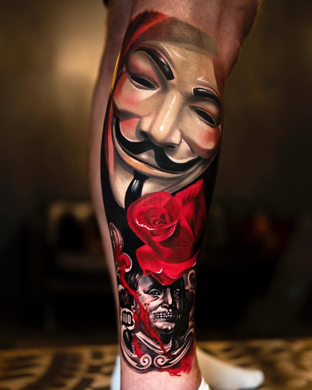 Done at @megustattoogallery 
With @kwadron @killerinktattoo @inkmachines @hyraw_clothing @tattooarmourpro @radiantcolorsink #vforvendetta #anonymous #anonymoustattoo #rosetattoo #money #colortattoo 
@tattoorealistic #realism #realistictattoo #kwadron #inkedmag #ink #tattooartist #art #valdeurope #marnelavallée #beauty #francetattoo #paristattoo #bnginksociety #blackandgreytattoo #besttattooartist