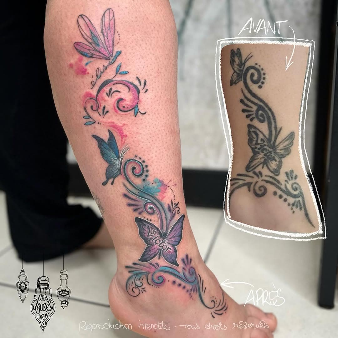 🦋✨Reprise du motif sur la jambe de Clotilde ✨🦋 réalisé à @atelierkrysalid 
.
.
.
#tattoo #tatouage #papillon #arabesque #ankletattoo #watercolor #watercolour #watercolortattoo