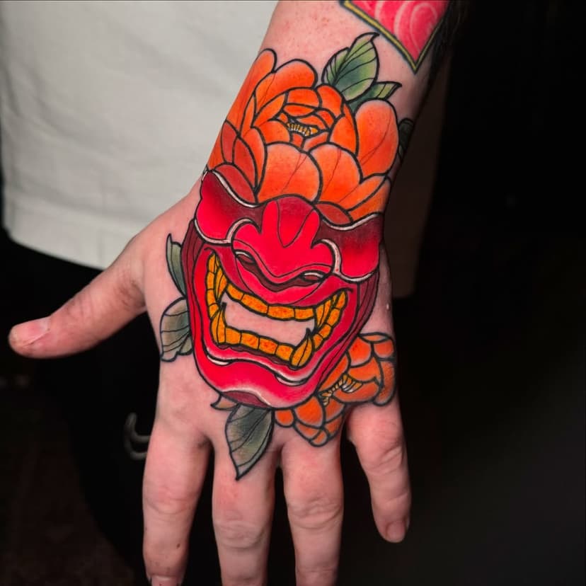 👹MASK&PEONY🌺
.
Thanks to Jordan for getting this Mempo mask and peony combo !! Always appreciate the trust !! 
.
#japanesetattoo #mempomasktattoo #lowkeytattooglasgow #neotraditionaltattoo #peonytattoo #glasgowtattoo #handtattoo