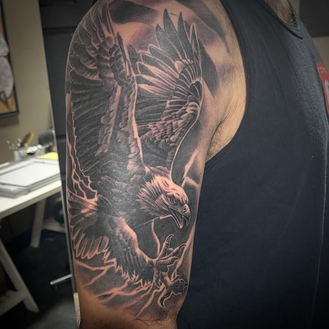 New work by @bmstattoos Currently booking February and March DM, contact our studio 626-915-7500 or text your ideas to 626-617-5440.  #tattooshop #tattooed #eagle #eagletattoo #fkirons #kwadron #dynamic #blackandgreytattoo