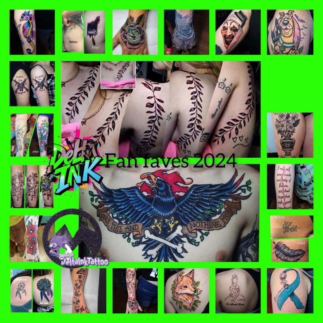 2024 Fan Faves from each artist #deltainktattoo #fanfaves #fanfavorite #indianatattooartist #tattoo @minionxtattooer @jazlyne.nikkol @kyle_bob_85 @tat2brat @braddownam