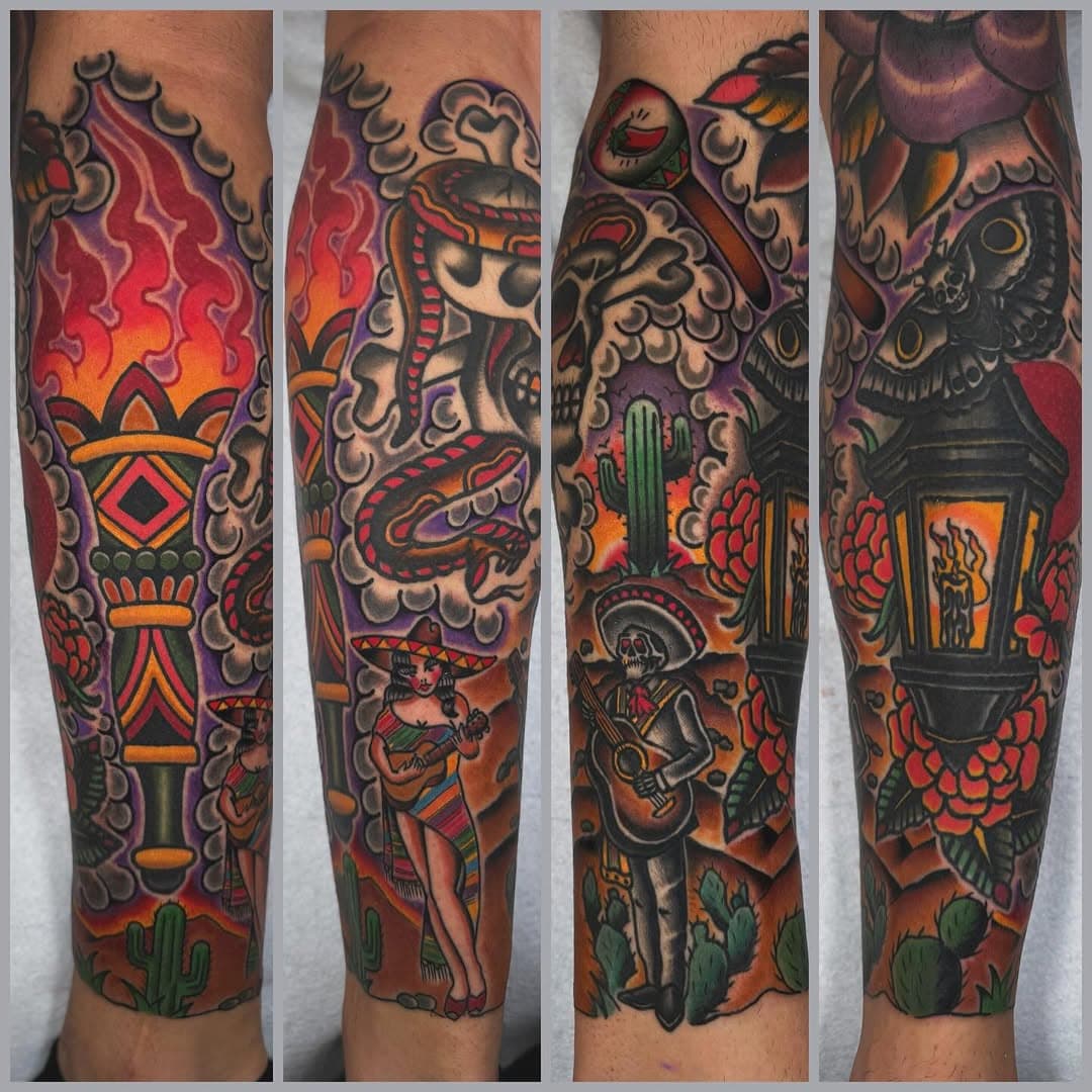 Knee to ankle leg sleeve/sock, custom for a solid client, that we’ve chipped away at slowly over the years.  Thanx for the dedication David.  Most of the leg was done @mountainviewtattooparlor #legsleeve #legsleevetattoo #sleevetattoo #bigtattoos #kneetattoos #legtattoos #traditional #traditionaltattoos #colortattoos #colorworkers #mexicantattoo #mexicanheritage #mariachi #skullandsnake #torch #deathmoth #boldwillhold #pma #hooliganzartnink