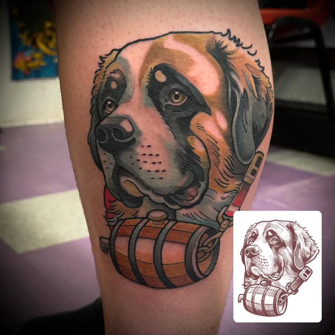 Ever wondered how dogs save lives? Think of the whiskey barrel guys! When you’re freezing under feet of snow, with icicles hanging from your nose, you definitely need some warm whiskey—at least that’s what the old cartoons taught me. Check out this neo-traditional Saint Bernard! Share this with your friends and spread the inspiration! 🐶

 #tattoos #neotraditionaltattoo #saintbernard