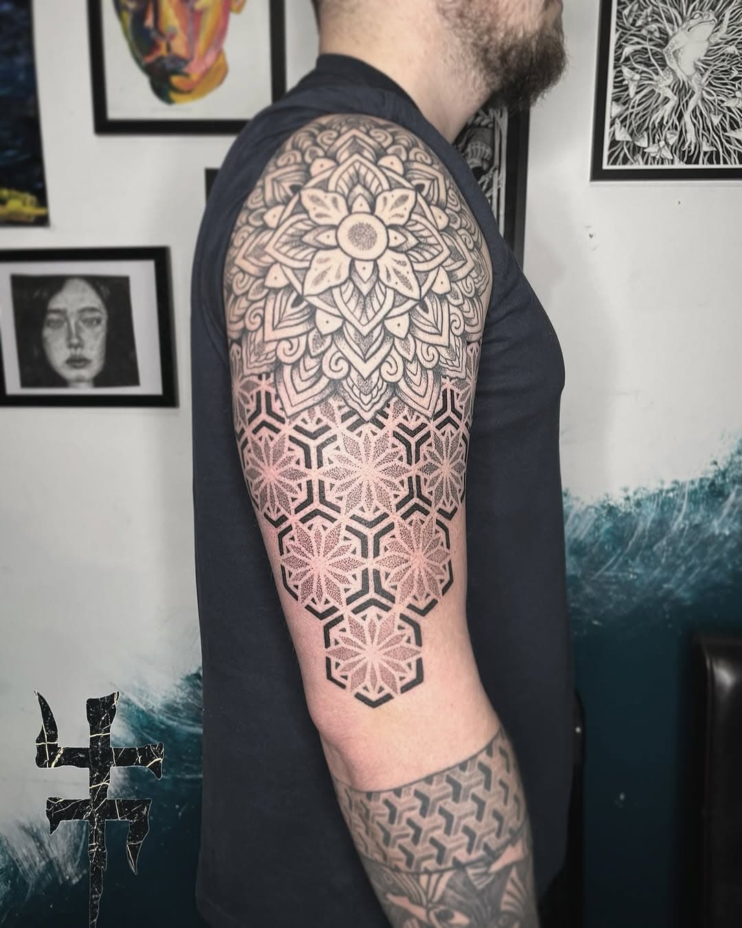 Great time working away on @conor__francis geometry sleeve. Super fun having you in the studio bud, thank you so much! #dotwork #dotworktattoo #geometrytattoo #geometrictattoo #tenacioustattoo #sheffieldtattoo #mandalatattoo