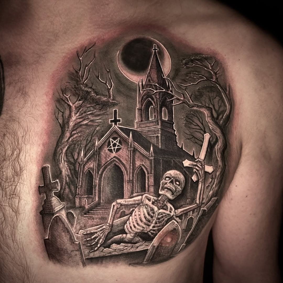 🪦 𝕸𝖊𝖙𝖆𝖑 𝕮𝖍𝖚𝖗𝖈𝖍 🪦 thanks be to my legendary friend @dean_kevin for getting this wicked fun metal tattoo. Took us about 7hrs cause he wanted some nice deets in a small space. I personally love the tombstone n1p, which we are calling the nipstone.🤘💀 swipe for a video and again for a photo after the first four hour session. 

#metalhead #metalheads #metaltattoo #metaltattoos #ladytattooer #satanictattoo #metalart #metalartist #blackwork #realism