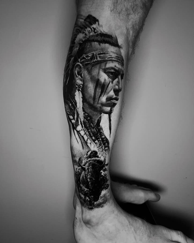 N A T I V E  W A R R I O R 
-
Top healed bottom fresh, looking forward to filling the other side of @petetaff1704 leg!
-
Done at @thinkstudio_bristol 
-
#nativeamerican #nativeamericans #warrior #indian #american #americanhistory #realism #realismtattoo #uktattoo #uktta #uktattooartists #blackandgreytattoo #bng #bnginksociety #ukveterans #veteran #bootneck #veteranowned #bristol #bristoltattoo