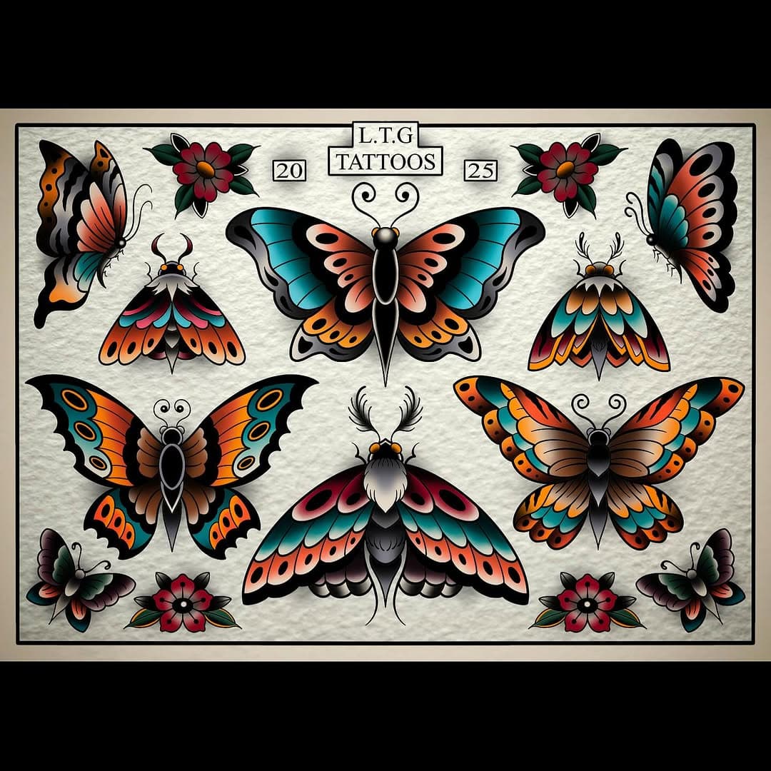 Available in black and grey or colour. Deals on all predrawn #tattooflash #tattooflashsheet #flash #butterflytattoo #mothtattoo #flashsheet