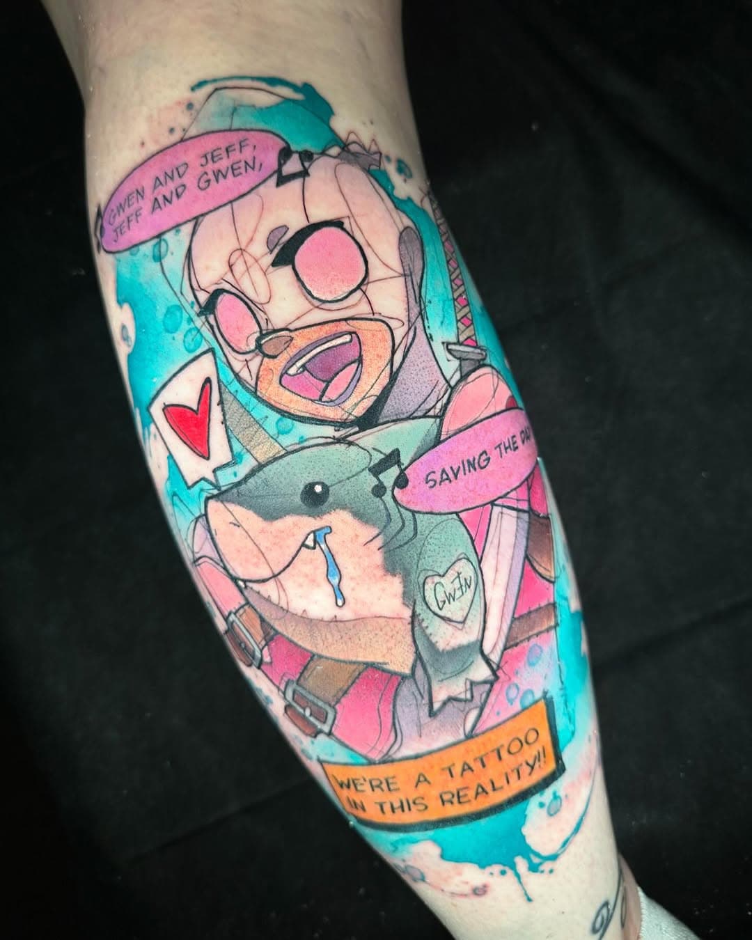 Notched a character off my wishlist! For being away from tattooing for a month taking care of the baby, I feel more energized and motivated! I’m so happy how this came out. Hopefully more wishlist characters get taken off so I can add more. #tattoo#tattoos#tat#tats#marvel#comics#comicbooks#deadpool#gwenpool#jefftheshark#marvelrivals#marvelcomics#panel#watercolor#watercolour#color#colour#yournewfavoriteink#peakneedles#hivecaps#clt#cltartist#charlottenc