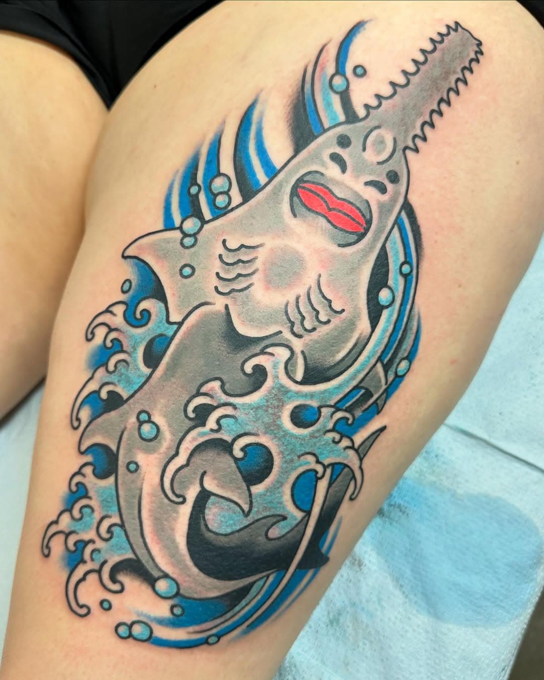 SAWFISH 
One of my favorite weird creatures in the world. Sometimes called carpenter sharks, they are actually a member of the ray family, and can be found worldwide. These critically endangered fish can get up to 25ft in length. Thanks again, Emily!
#sawfish #hotstufftattoo