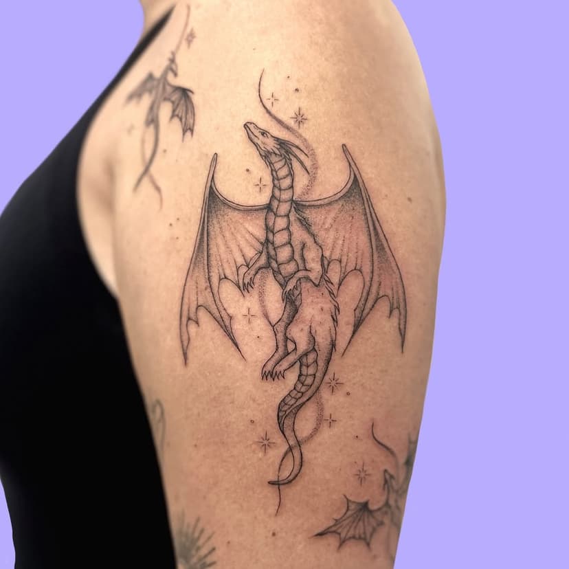 Another pic of this dragon, still obsessed with how this turned out 🐉❤️‍🔥! #dragontattoo #fourthwing #finelinetattoo #londontattoo #femaletattooartist #tattooartist