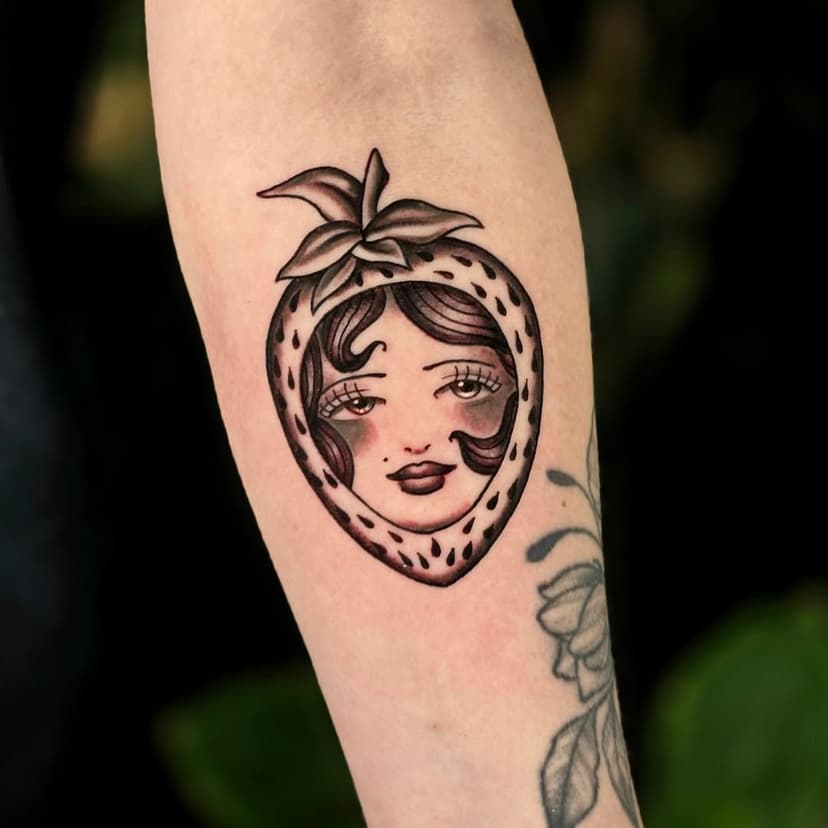 STRAWBERRY GIRL TATTOO 🍓 for my bff @lexiiingt0n 🍓 
My availability for APRIL is posted up on my highlights! DM me to book or contact @heartofheartstattooco 🤠
.
.
.
#tattoo #tattoos #ladytattooers #traditionaltattoo #boldlines #oldlines #njtattooartist #nyctattoo #bergencounty #inked