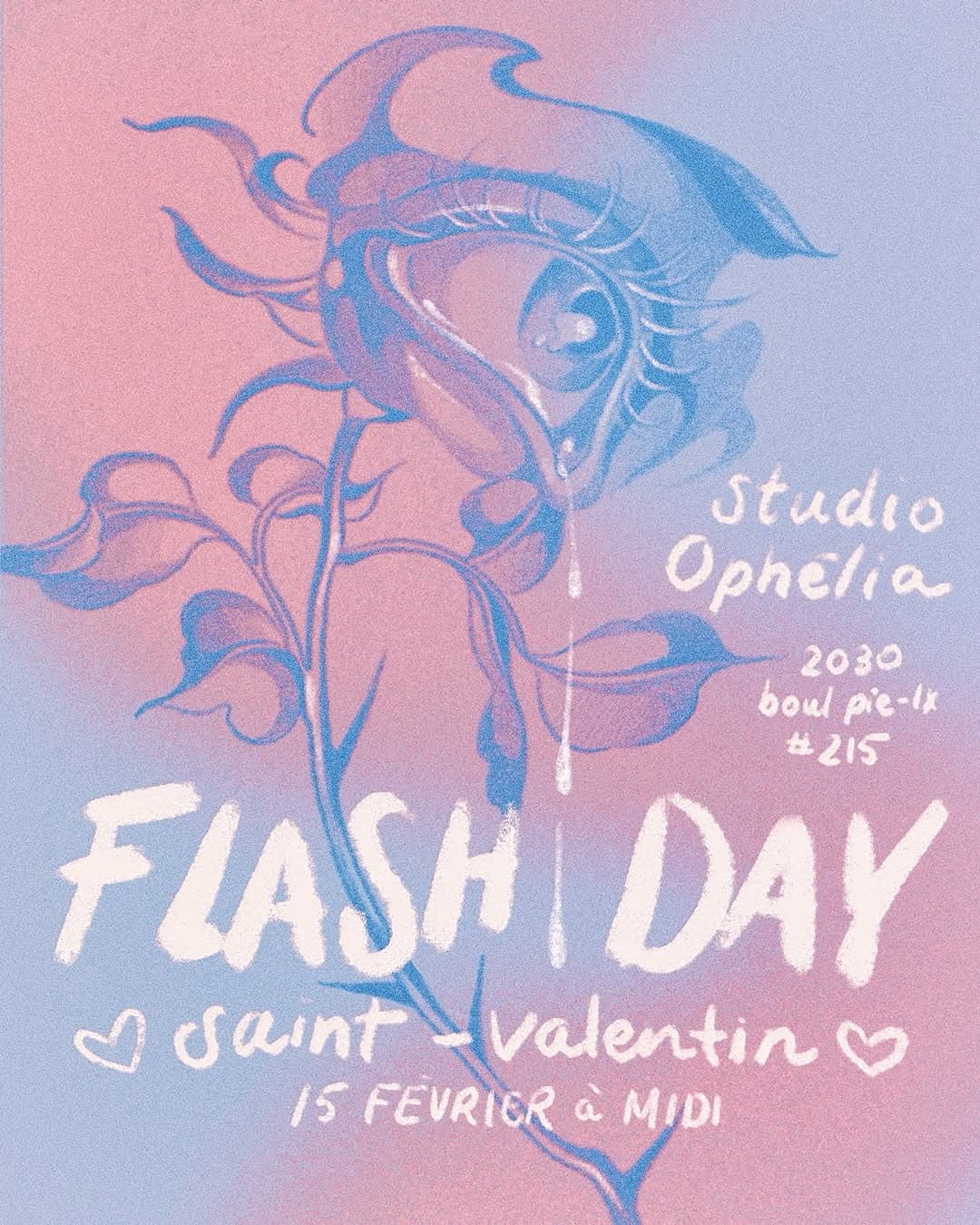 ✧*̥˚ FLASH DAY *̥˚✧
Le 15 février prochain, venez vous faire tatouer pour célébrer l’amour sous toutes ses formes! Petits tatouages à bas prix, prints, stickers, chandails, pâtisseries véganes et plus! 

Avec 
@baroquebabetattoos
@noemiebloom
@silver.sword.tattoo
@quatre_art
@_november_rush
@prettyenbytattz

Argent comptant seulement. 2030 boulevard pie-IX, local 215, 2e étage. À partir de midi! 

À bientôt! 

On February 15th, come and get tattooed to celebrate love in all its forms! Small tattoos at small prices, prints, stickers, shirts, vegan pastries and much more! 

With 
@baroquebabetattoos
@noemiebloom
@silver.sword.tattoo
@quatre_art
@_november_rush
@prettyenbytattz

Cash only. 2030 boulevard pie-IX, studio 215, second floor. Starting at noon! 

See you soon!