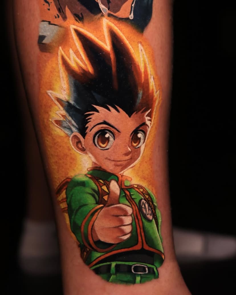 Gon. Super fun piece. Reel posted a bit ago. Done while at @sacred8studios . Thank you for looking. For appointments dm me or email me at cheeseburgerchampiontattoo@gmail.com 
#anime #animetattoo #hunterxhunter #gon #cobrakaineverdies @pacificsoultattoohawaii @ronintattoogallery #underdog