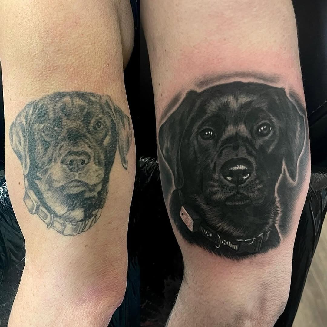 #rework from today , original Labrador not by me … always good to make a client happy 🙌 #reworktattoo #coveruptattoo #coveruptattoos #revamp #refreshtattoo #labradortattoo #dogtattoo #dogtattooportrait #pettattoo #kingslynntattooartists #kingslynntattoo #uktattooartists #uktattoo #inkjunkeyz #inklovers #inked #dynamicnk #ezcartridge