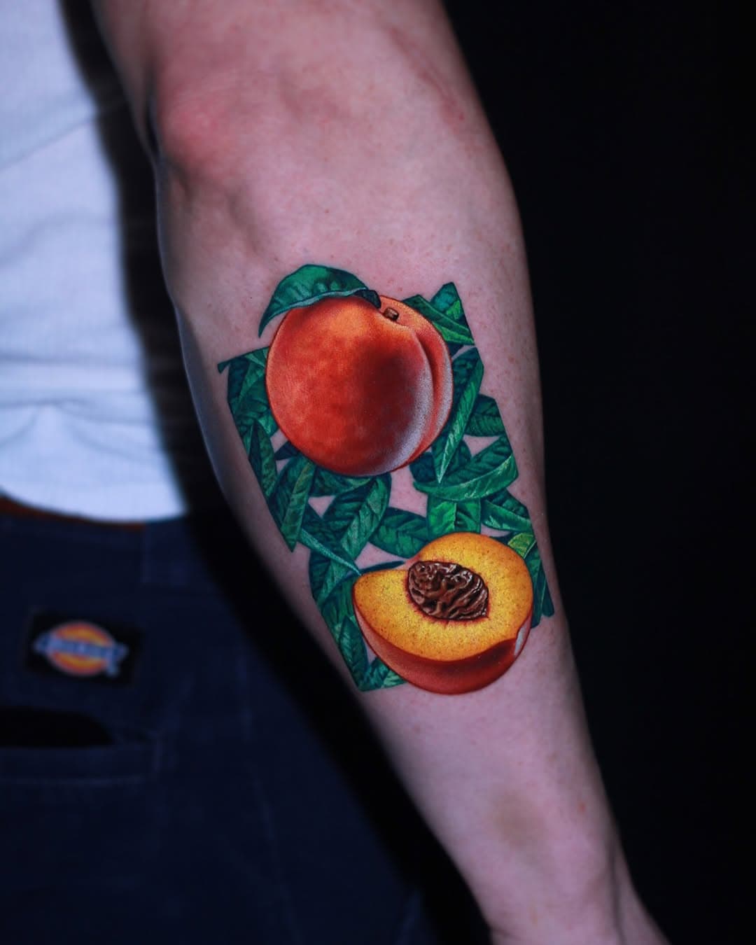 Got to do 1.5 peaches to celebrate his cute pup, Peach! My books are open for this summer! To inquire EMAIL Grabletattoos@gmail.com #art #fruit #food #tattoos #chicagotattooshops #realistictattoo #explore #colortattoo #chicago
