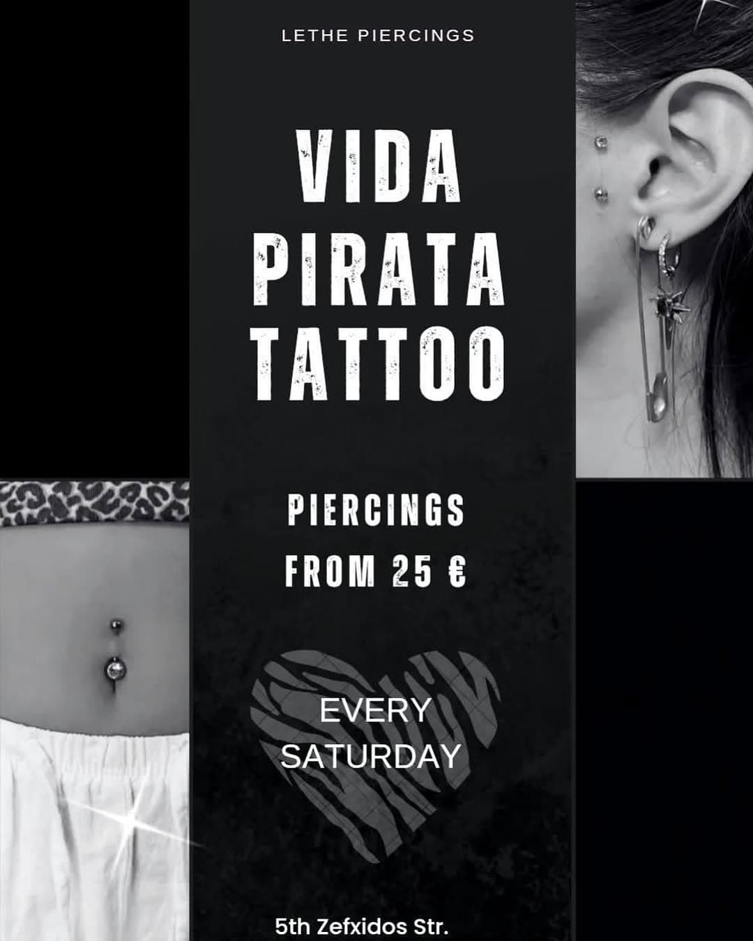 🏴‍☠️Piercing Saturdays🏴‍☠️
.
Κάθε Σάββατο στο Vida Pirata Tattoo piercings από 25€
Check our piercer here: @lethe.piercings 
.
.
Για οποιαδήποτε απορία/για να κλείσεις το επόμενο ραντεβού σου επικοινώνησε με το στούντιο ή με την επαγγελματία μας @lethe.piercings ✨
.
Walk ins welcome!