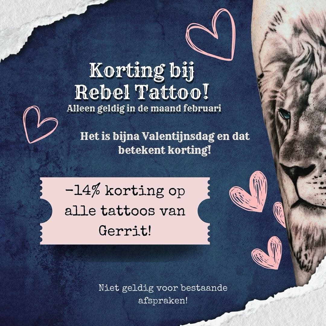 Valentijnsactie bij Rebel Tattoo! ♥️

Love is in the ink!  Het is bijna Valentijnsdag en wat is een betere manier om jezelf (of je lover) te verwennen dan met een nieuwe tattoo? 

🎯 14% korting op ALLE tattoos van Gerrit – alleen in februari! 

Wacht niet te lang, want voor je het weet is deze deal weer weg! Let op: NIET geldig op bestaande afspraken. Ready to book? Slide in our DMs! 📩🔥

#valentijnsdag #tattoolove #inklover #tattooartist #tattedup #bodyart #tattoocommunity #tattoopassion #inlife #inkspiration #tattooaddiction #tattoo #tattooculture #tattoolifestyle #tattooinspiration #tattootime