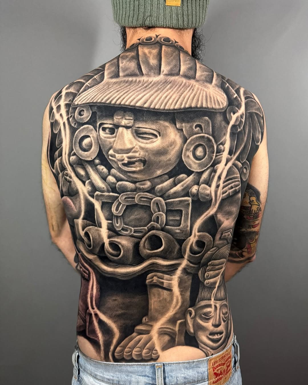 Xipe-Totec (the flayed one) Life/death rebirth deity 
Not done yet, still the back of the head and butt to do (xipe is sitting on a pile of skulls)
.
👁 Now booking - Feb / March 
(I have some special rates for back pieces, sleeves and large projects)
👉🏻For any questions and availability call or text us at 909 6415488 
.
Done with:
@cheyenne_tattooequipment 
@radiantcolorsink
@tatsoul 
@aftercareh2ocean 
@allegoryink
@sullenclothing
.
.
www.tattoosbygoethe.com