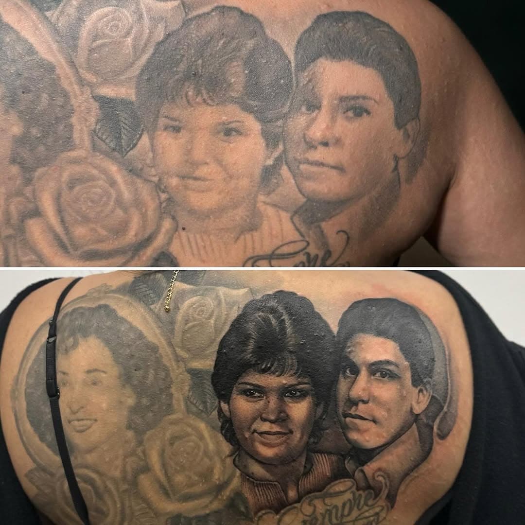 Fixed these old portraits (not by me) of my clients parents ✍🏽
Now they look like their pictures 😍
A few more sessions to do the other portraits and roses 

#tattoo #tattoos #tattooist #tattooed #tattooartist #tattooart #tattooideas #tattooing #portrait #portraitart #portraitattoo #tattooportrait #armtattoo #sleevetattoo #losangeles #losangelestattoo #losangelestattooartist  #femaletattooartist #fixuptattoo #backtattoo