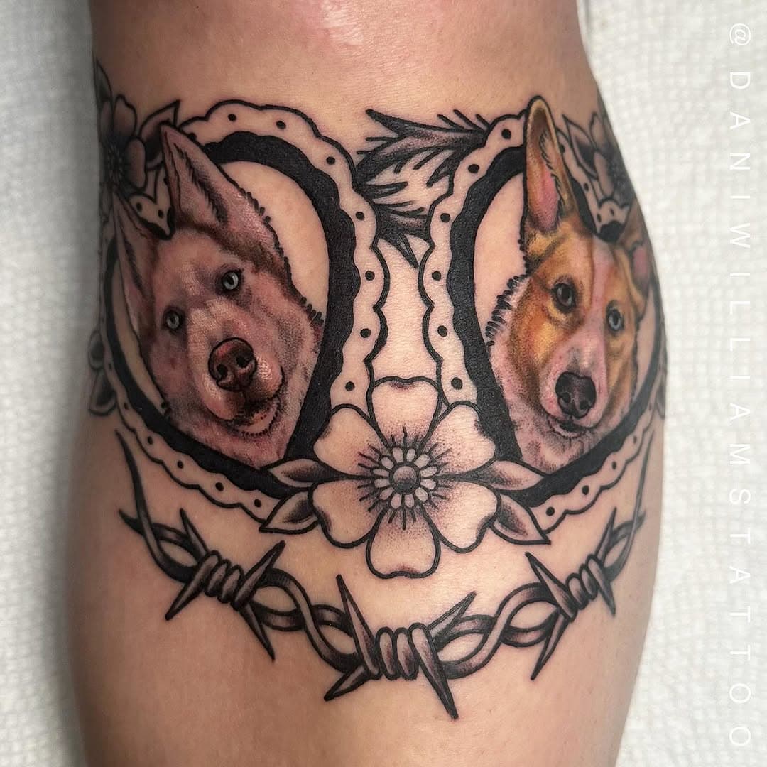 Mini dog portraits wrapping below the knee for @___kelseyanne 
➡️➡️➡️swipe for close ups and more pics
Made at @gardencitytattoos 
Beverly,MA
.
.
Subscribe to my email list to get updates about upcoming booking rounds and events by clicking the bigcartel link in bio✨