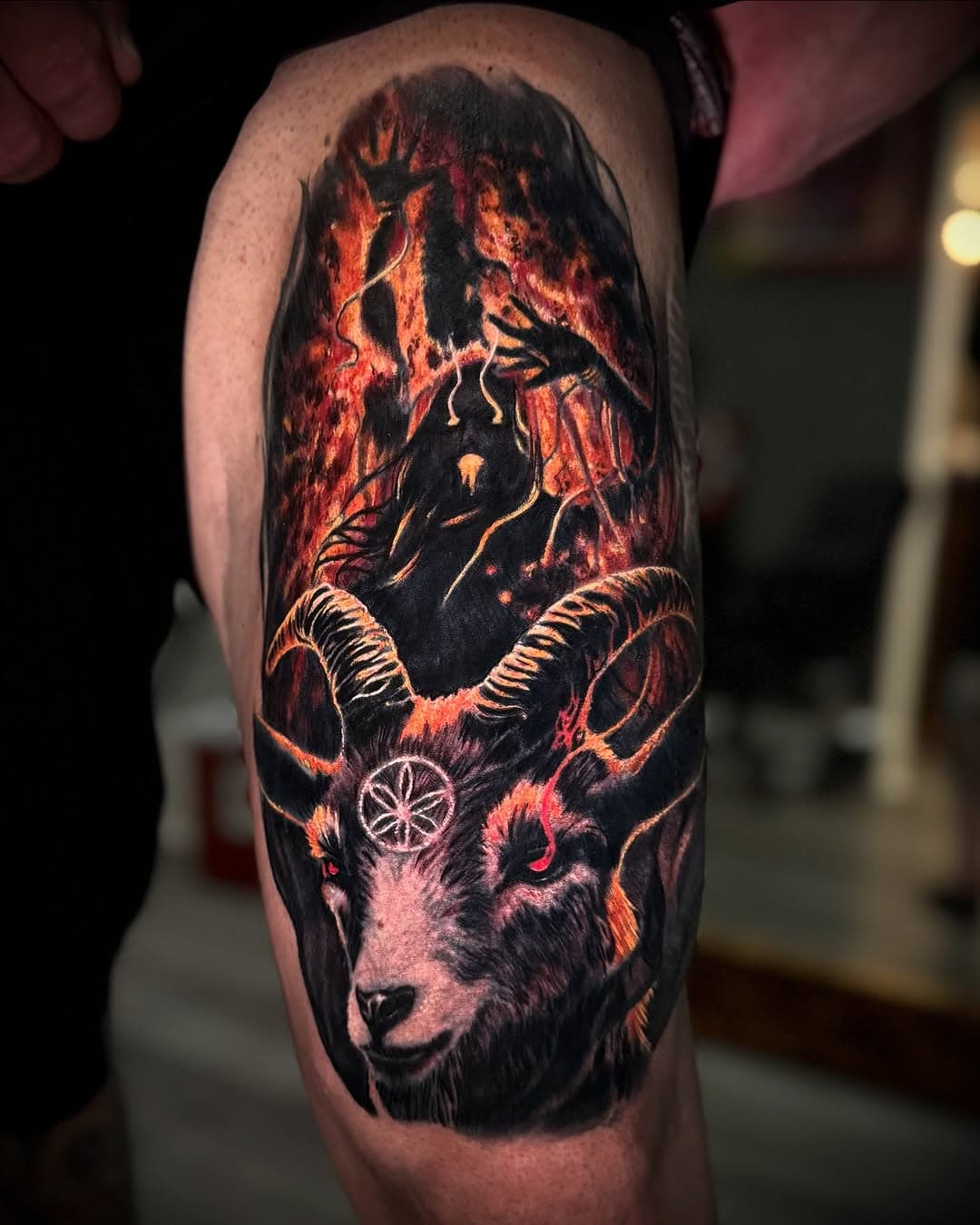 Who does Lyn love bonfires with friends?! Got to run over this tattoo again. 🔥🐐

#rosevilletattooco #inkeeze #inked #worldfamousink #recoveryaftercare #darkart #darkartist #darktattoo #darksurrealism #skinart #skinandinkmag #skinartist #skinart #sacramento #sacramentotattooartist #tatsoul #burnthewitch