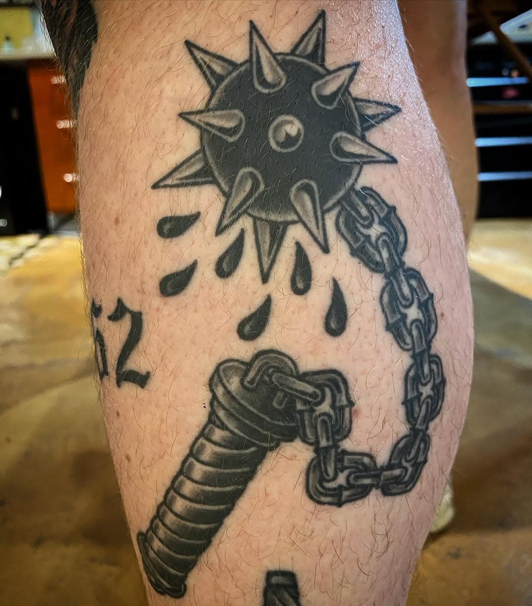 Healed morning star flail. 

#greatlakestattoochicago #greatlakestattoo  #kevinlearytattoo #therealkevinlearytattoo #mace #morningstar #flail #flailtattoo
