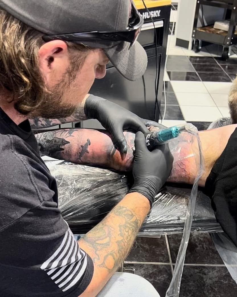Steve “Fish” Warner finishing up on a sleeve tattoo. Visit our website www.steeladdictions.com to see more of his work and set up a free consultation.