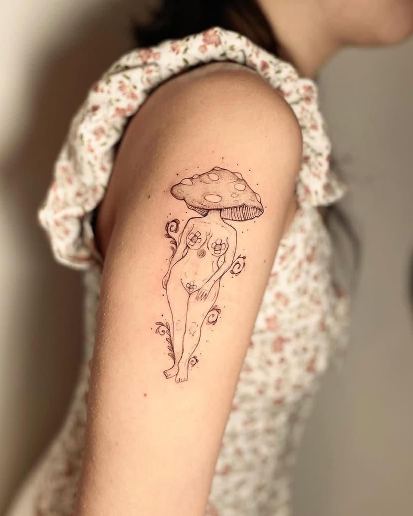 A mushroom lady twirled in the rain. A bird landed on her cap. She smiled. “Stay, but tell me a story.” And so, they shared secrets of sky and earth forever 🍄✨💕
Thanks to Jookie ✨
Done @calm_tattoo_cph 

Copenhagen ✨ Open booking for April and May ✨
My idea per your Idea 💡 drop me a Dm 💌

#tattoocopenhagen #tattooincopenhagen #cphtattoo #copenhagen #mushroomtattoo #mushroomladytattoo #fairycoretattoo #fairycoreaesthetic #vegantattooer #vegancopenhagen