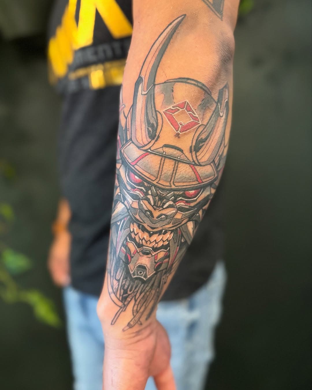 Cyber Hannya mask #cyberpunk #hannya #hannyamask #cryberjap #neotraditional #linework #blackandgrey #tattoo #armtattoo #moontattoo #atx #tattoo #colortattoo