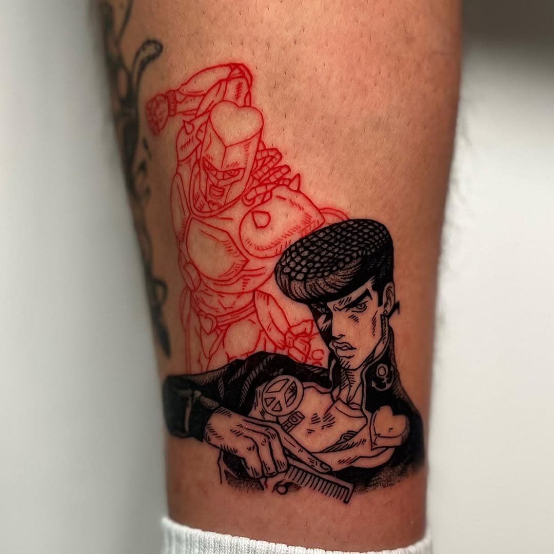 stopped doin manga tatts for a while but couldnt pass up this idea 😮‍💨😮‍💨 thank u S for trusting me since tiiiiime (and by time i literally mean since apprenticeship wawa days 💀) ur the realest!!!!! #jjba #jjbatattoo #jojosbizarreadventure #josukehigashikata #josuketattoo #mangatattoo #torontotattooartist