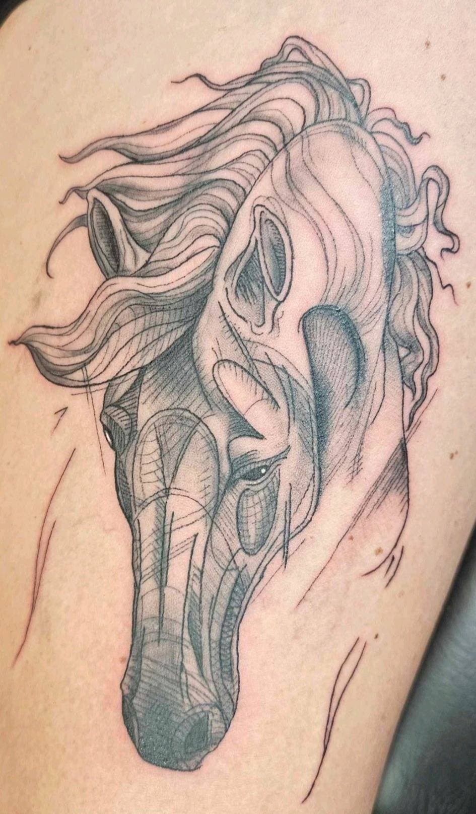 I got to fo one of my flash pieces today! Thank you Jessica for sitting through all those lines like a rock! If you would like to schedule please go to www.skinhooked.com and fill out a request form it's pretty easy. 
Thanks for looking! 
#skinhooked #skinhookedtattoo #horsetattoo #blackandgreytattoo