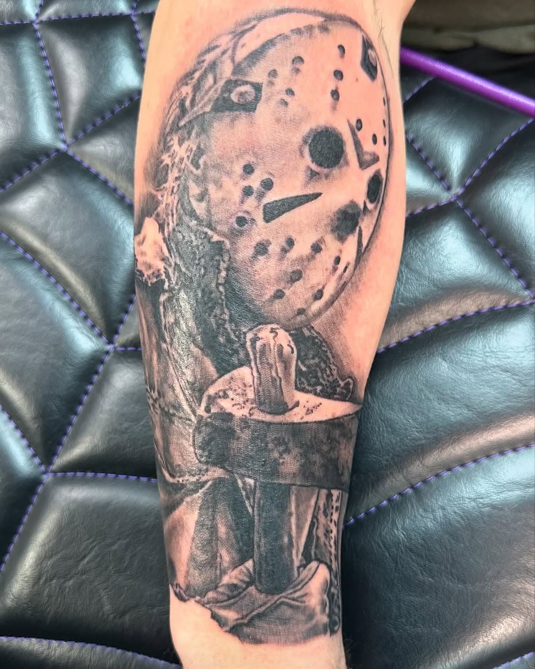 Got the pleasure of tattooing Jason today!!!! 

#fridaythe13th #jasonvoorhees #blackandgrey #rochestertattoo #rochestertattooartist #bngtattooartist