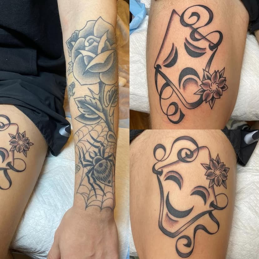 Nick asked for these masks from the show Trese, thanks so much for the trust! The spider and rose on his arm are all healed up. Thanks for coming back again and again! 
.
.
.
.
#noodlestattooshop #warrenville #naperville #chicago #illinois #chicagosuburbs #traditionaltattoo #americantraditional