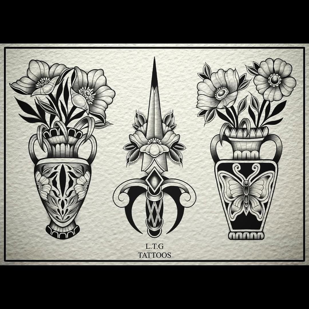 Another sheet of designs. All available to be tattooed #tattooflash #tattooflashsheet #vase tattoo@#floraltattoo #blackworktattoo