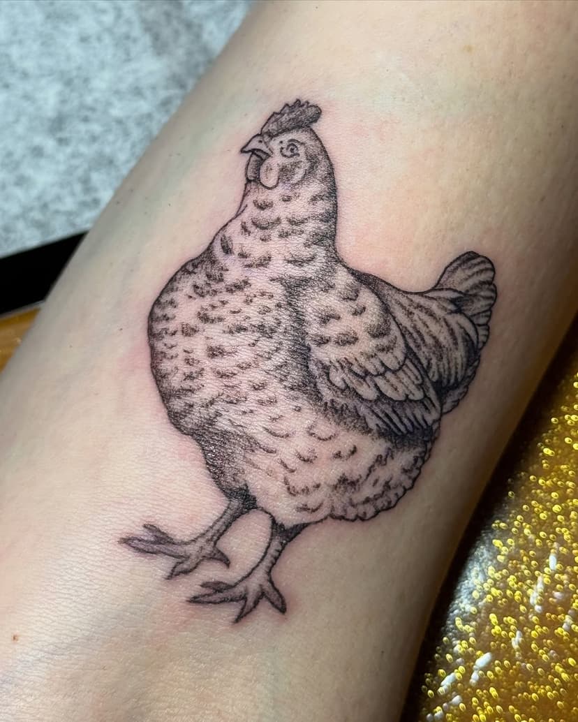 Fine line chicken and yarrow! Done at @drawingboardtattoo I’m here Tuesday-Saturdays and I have some time in February!  To book with me, fill out the request form on the website (link in bio) or email me! Bronzinoink@gmail.com