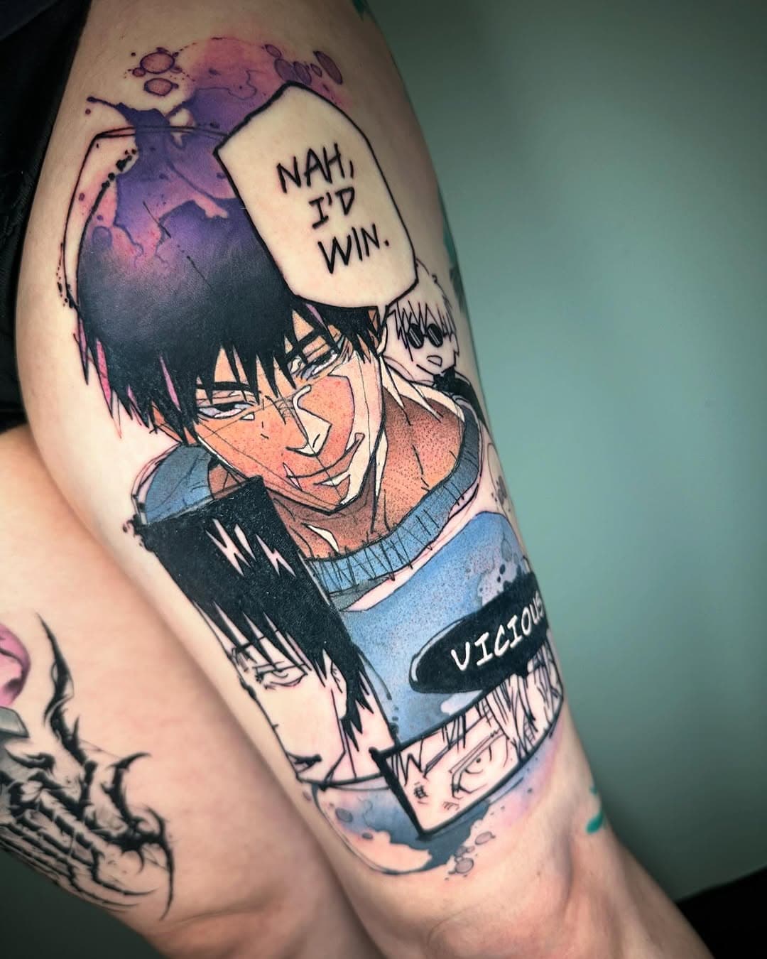 The badass himself, Toji. Wish he had more screen time because he was such a cool character. Give me more JJK! #tattoo#tattoos#tat#tats#watercolor#watercolour#color#colour#yournewfavoriteink#hivecaps#anime#weebs#jjk#toji#gojo#gojosatoru#curse#shonen#clt#charlottetattooers