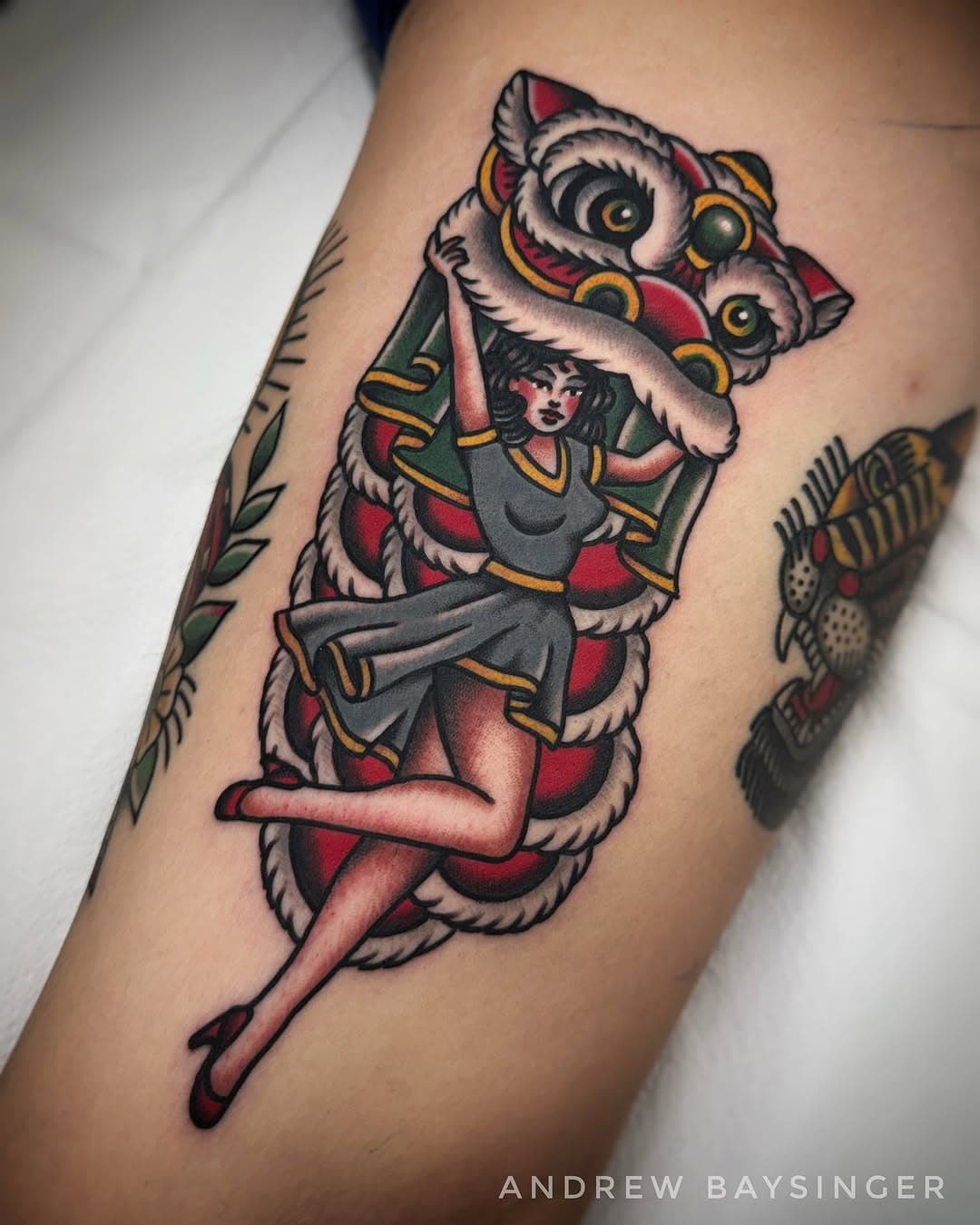 Lion dance pin up girl from a couple weeks ago. Thanks as always Kevin! 
•
•
**Shirts/hoodies available on my website (link in bio)**
•
•
#tattoo#tattoos#traditionaltattoo#besttradtattoos#tradtattoo#tradworkers#bright_and_bold#realtraditional#americantraditional#oldschooltattoo#boldtattoo#boldwillhold#oldlines#outerlimits#outerlimitstattoo#costamesa#newportbeach#colortattoo#blacktattoo