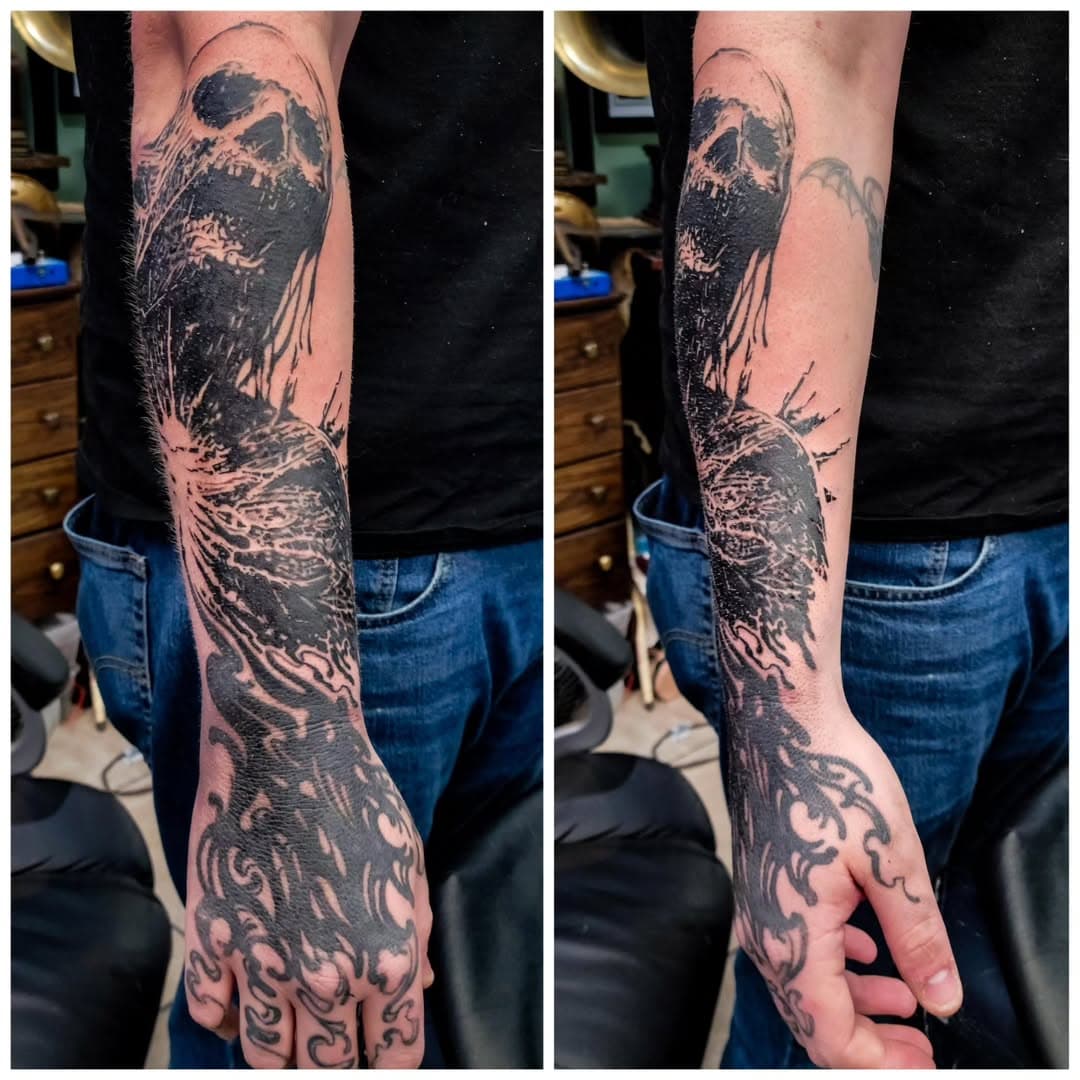 Recently stayed this piece. It is a bit of a departure from  what I am normally asked to do. It has been a very rewarding piece to get to work on. #skeletontattoo #nakedarttattoosmd